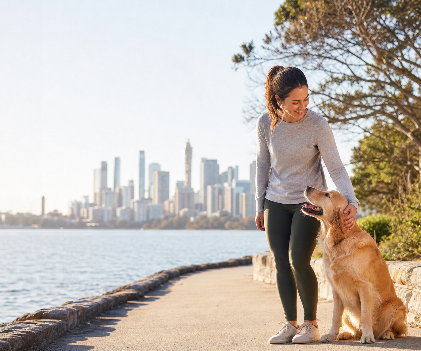 Pet owner with a dog in a Sydney park
